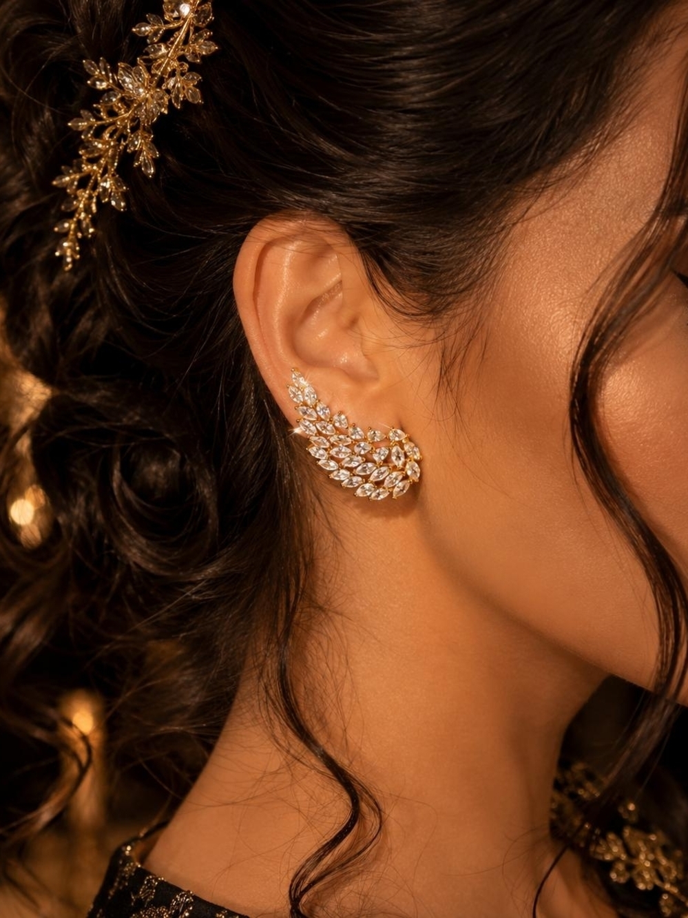 Gold Wing Crystal Earrings - Clear & Gold - Picture 3 of 3